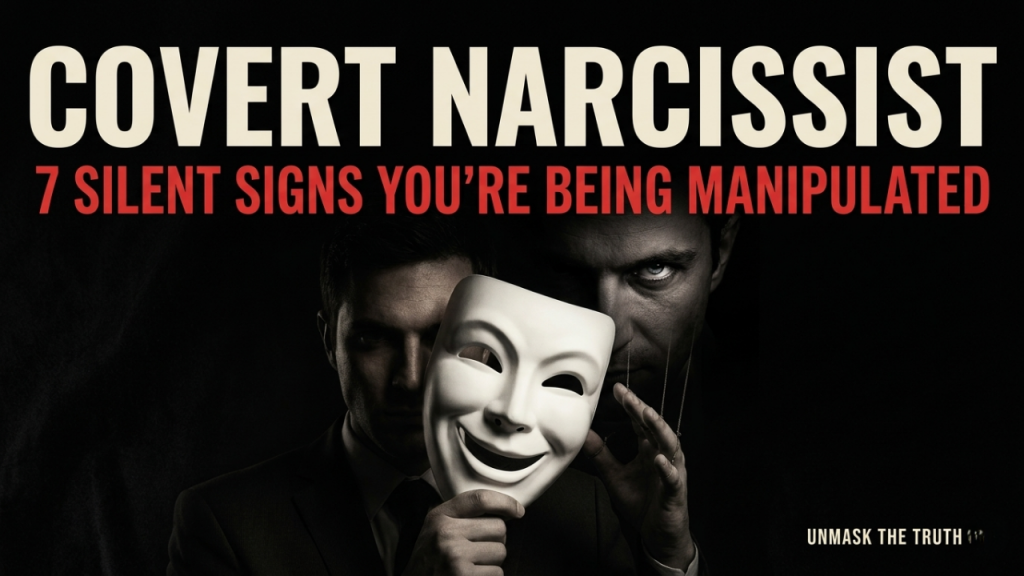 Covert narcissist manipulation concept: A man hiding his true dark intentions behind a smiling white theatrical mask.