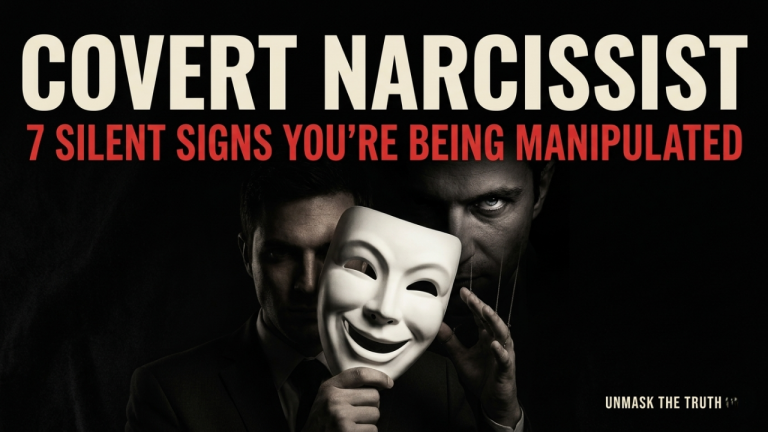 Covert narcissist manipulation concept: A man hiding his true dark intentions behind a smiling white theatrical mask.